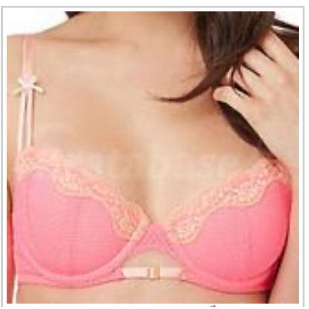 Betsey Johnson Pink & Orange Demi Bra 32D Crochet Floral Lace Retro (J3951)